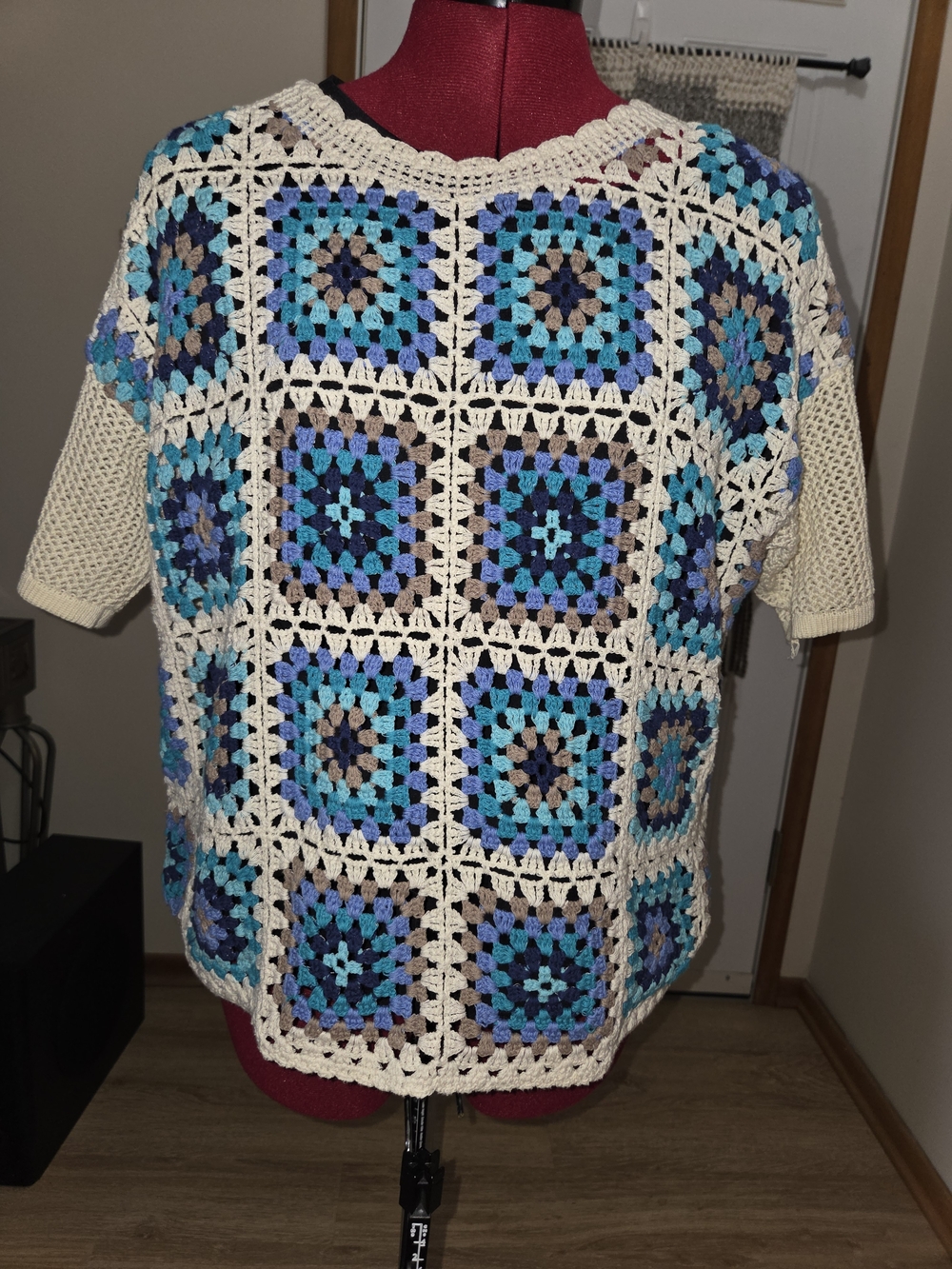Crochet Square Short-Sleeve Top in Cream and Blue